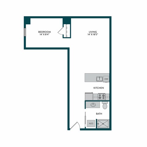 A floor plan of a small apartment with a bedroom, kitchen, and bathroom.